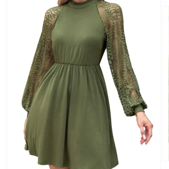 Exlura Dresses & Skirts - EXLURA Women’s Lace Tshirt Mini Dress Ruffle High Neck Lace Sleeve Swing Dress